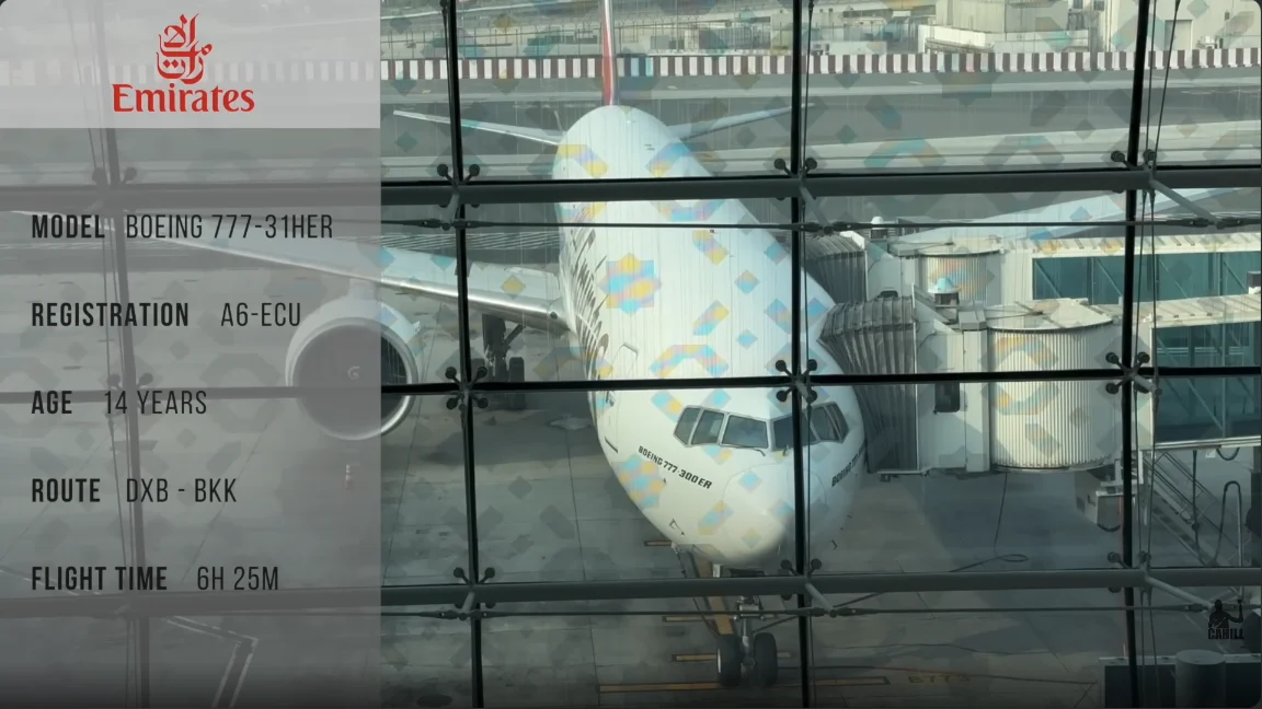 emirates boeing 777 front view with flight details overlayed on the image